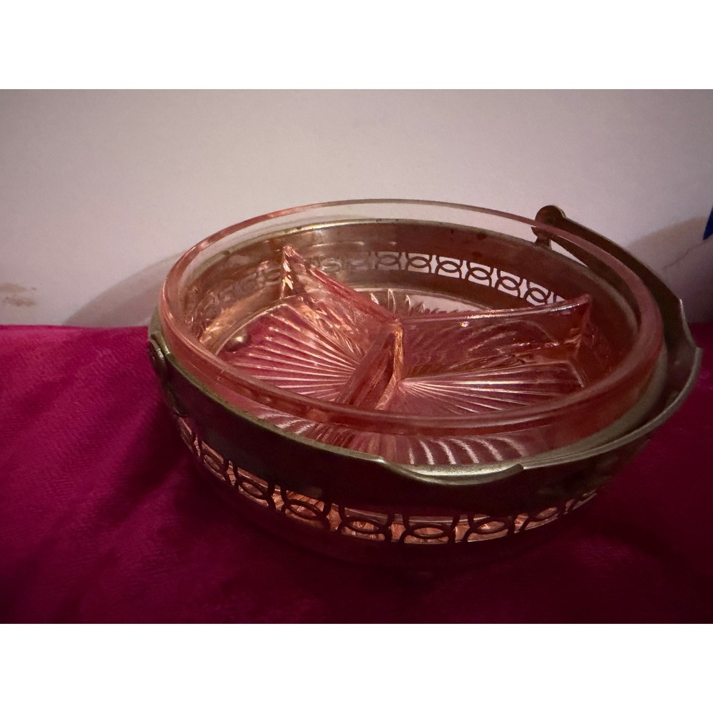 Vintage 1930s Pink Depression Glass 3 Part Divided Dish in Ornate Metal Basket